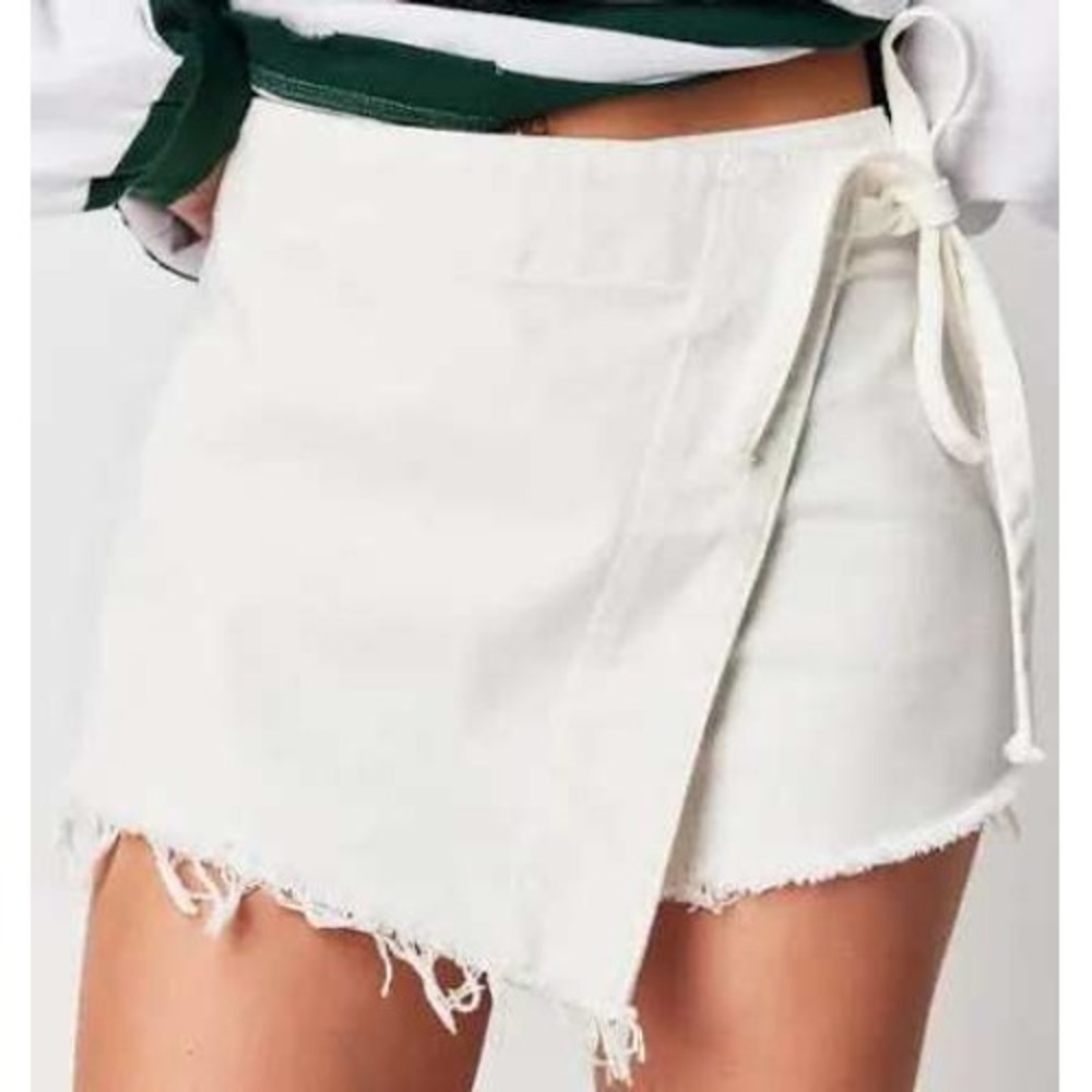 Free People Womens Skort 12 White We The Free Wrap Denim Frayed Hem OB1505112